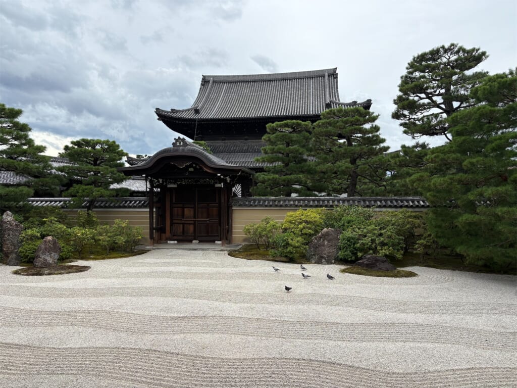 白砂の庭の奥に建つ門と松の木、その後ろの法堂の屋根