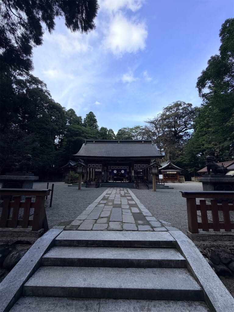 石段の先に建つ狭野神社の社殿と、両側の木々